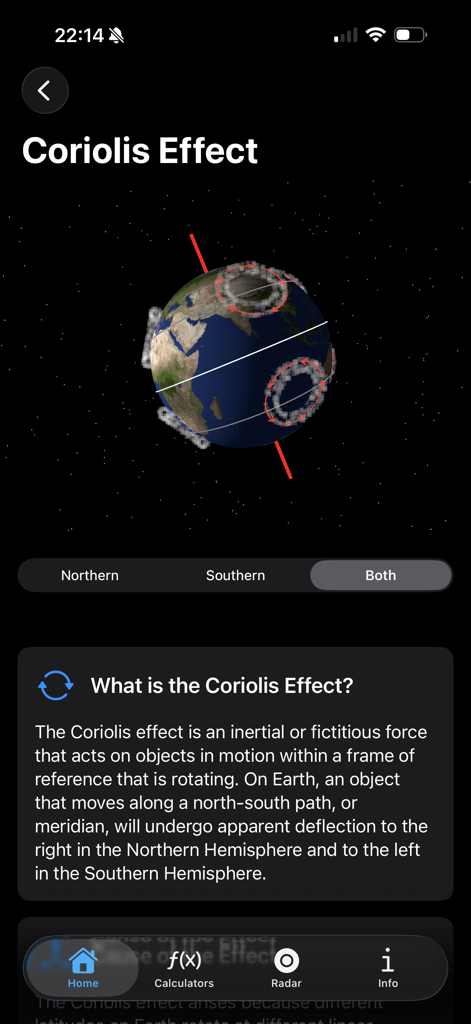 Educational screen showing a 3D Earth diagram and text explaining the Coriolis effect for maritime students.