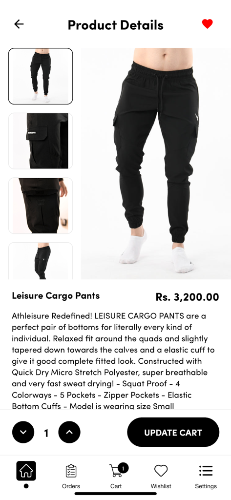 IRONGEAR - A product detail page on the IRONGEAR app showcasing black leisure cargo pants with pricing and descriptions.