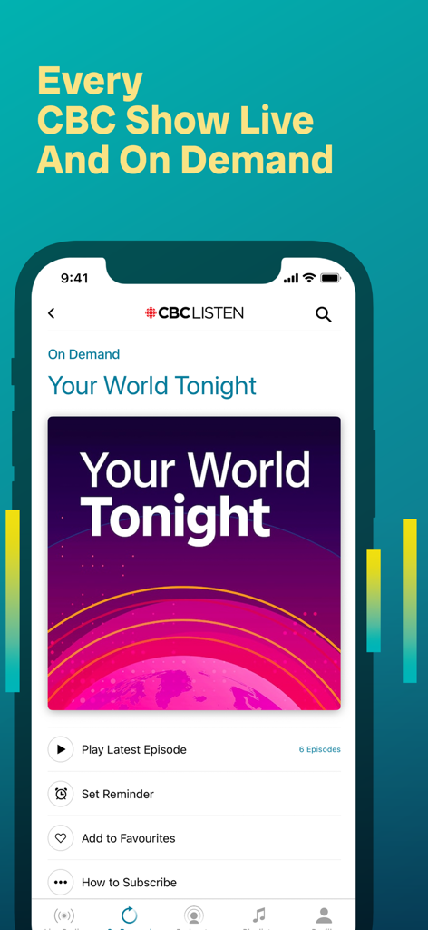 CBC Listen - CBC Listen mobile app interface showing the Your World Tonight show page