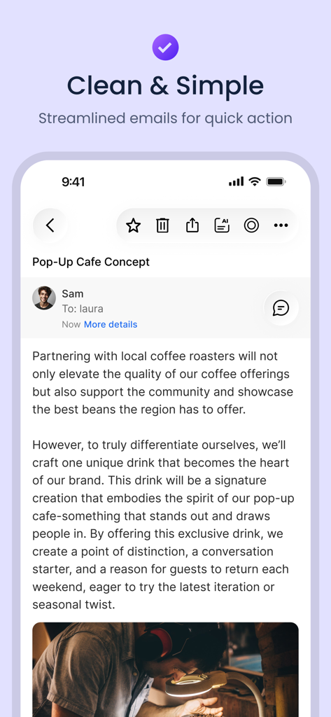 ビジネスメールを表示するBlue Mailアプリの、クリーンで効率化されたメール閲覧インターフェース