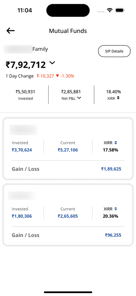 BG Investment - Mutual funds portfolio dashboard in the BG Investment app displaying investment performance and gain loss metrics.