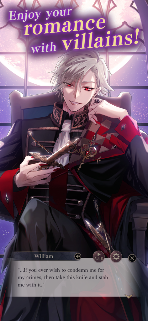 Silver haired villain character William in a moonlit room from the Ikemen Villains otome game.