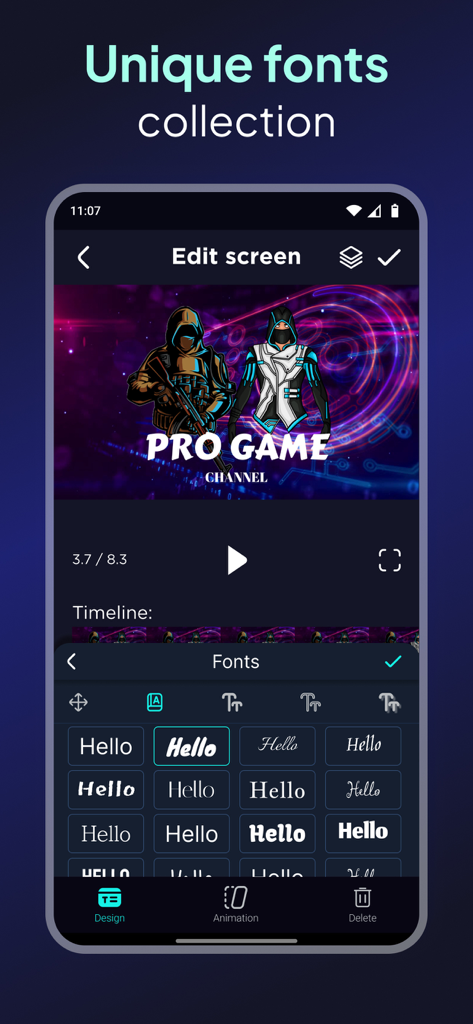 Uno screenshot dell'app intro video maker che mostra una collezione di font unici per un montaggio di canale di gaming