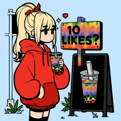 girl with oversized hoodie drinking boba and she has a high ponytail with a sign that says 10likes?