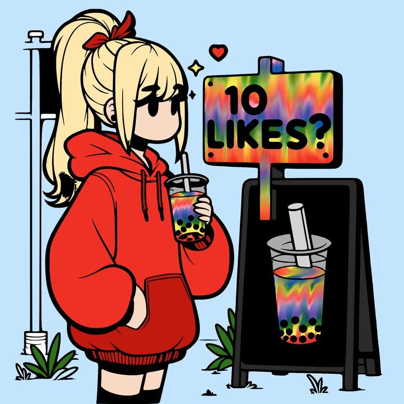 girl with oversized hoodie drinking boba and she has a high ponytail with a sign that says 10likes?
