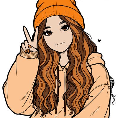 a teenage girl in a beanie, oversized sweatshirt, wavy long hair, and is showing a ✌️