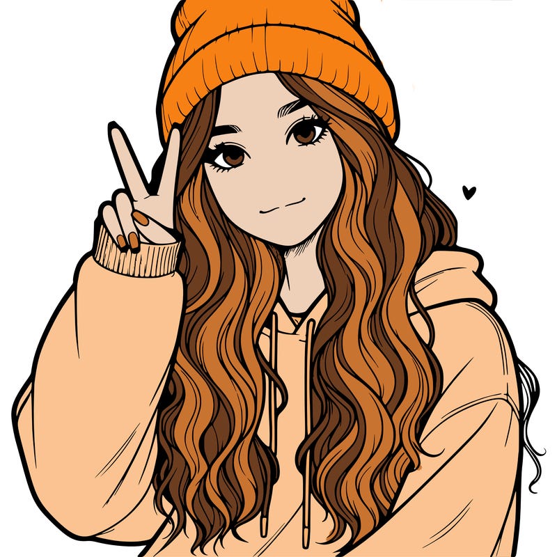 a teenage girl in a beanie, oversized sweatshirt, wavy long hair, and is showing a ✌️