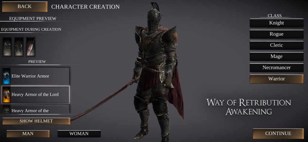 Way of Retribution: Awakening - Charaktererstellungsmenü in Way of Retribution Awakening, das einen Krieger in schwerer Rüstung mit Klassenauswahlmöglichkeiten zeigt