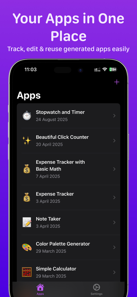 Dashboard displaying a list of AI generated web apps including a timer and expense tracker