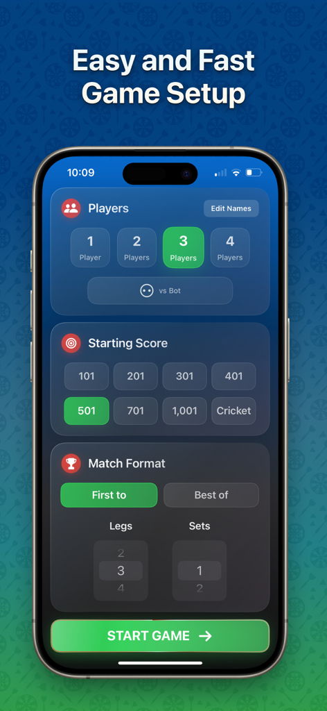 Darts Scorekeeper - Scoreboard - Darts app setup screen showing options for players game modes and starting scores