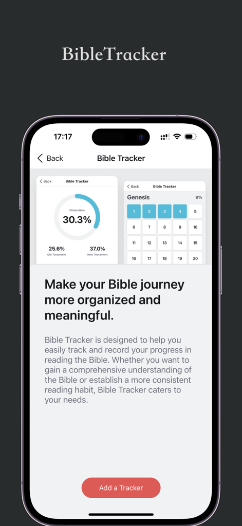 Mobile app interface for tracking Bible reading progress with visual charts and chapter grids.