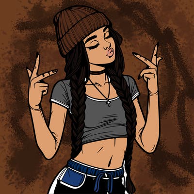 realistic teenage girl with braids and a beanie and crop top doing 🫶🏼