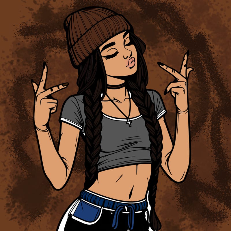 realistic teenage girl with braids and a beanie and crop top doing 🫶🏼