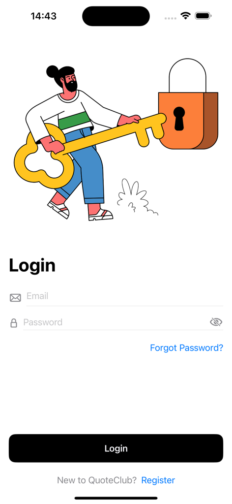 Écran de connexion de l'application IGMax Postegro avec une illustration de sécurité montrant une personne tenant une grande clé près d'un cadenas.
