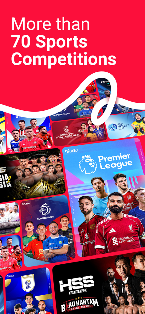 Vidio: Sports, Movies, Series - Vidio app promotion displaying over 70 sports competitions including the Premier League and BRI Liga 1