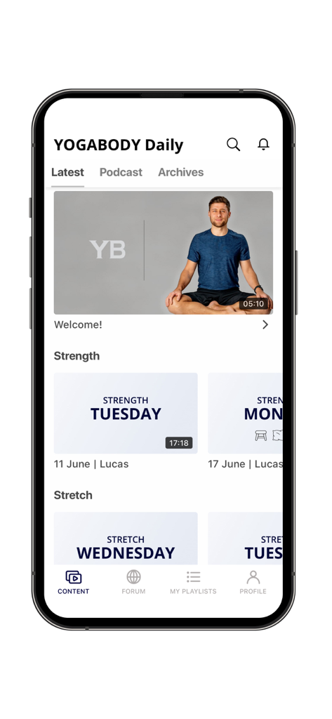 Pantalla de inicio de la aplicación YOGABODY Daily mostrando categorías de entrenamiento de yoga y flexibilidad