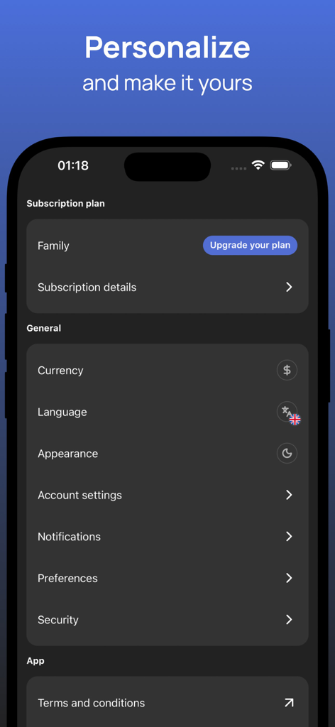 Tela de configurações do aplicativo Budget Sync mostrando opções para personalizar moeda, idioma e aparência do aplicativo