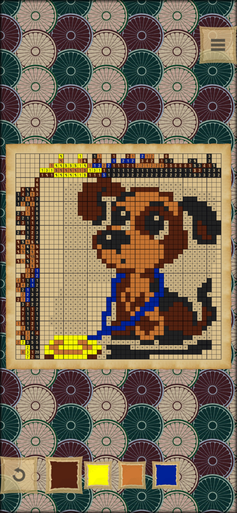 Un puzzle di logica nonogramma completato che rivela un cane colorato in stile cartone animato su una griglia di pergamena.