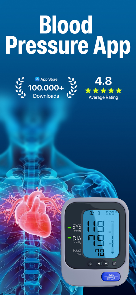 Blood Pressure・Heart Rate ECG - Blood pressure and heart rate tracking app screen with digital monitor and human heart illustration