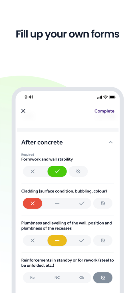 Finalcad One mobile interface showing a customizable construction site inspection form