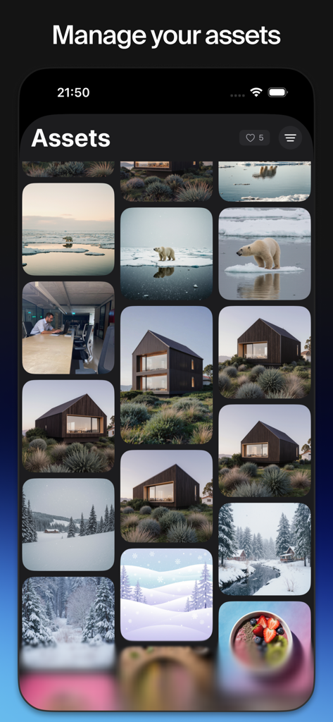 Krea: AI Images and Videos - Una vista de galería en cuadrícula de imágenes generadas por IA dentro de la sección de Recursos de la app Krea.