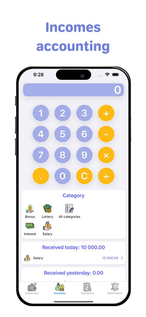 Expentro:budget tracker - Interface of the Expentro app showing the incomes accounting screen with a calculator and categories like salary and bonus
