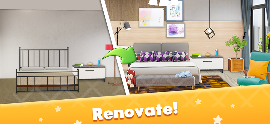 Confronto che mostra una camera da letto prima e dopo la decorazione in House Designer