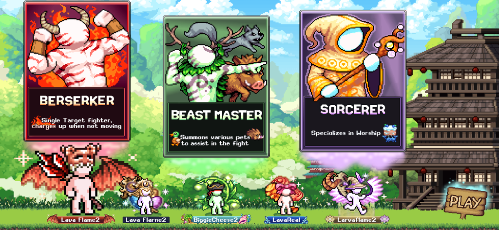 Charakterklassen-Auswahlbildschirm in IdleOn RPG mit Karten für Berserker, Bestienmeister und Zauberer