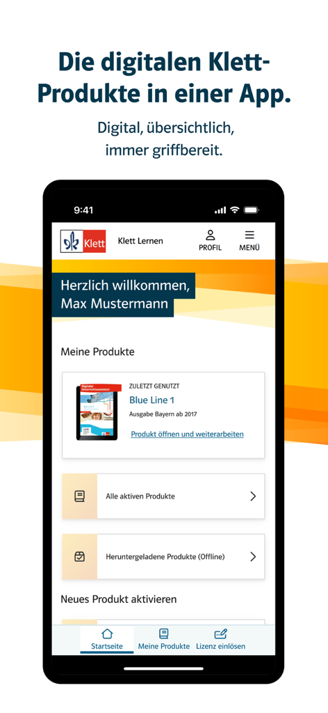 Startbildschirm der Klett Lernen App mit einer digitalen Bibliothek und Optionen zur Verwaltung von Lehrbüchern