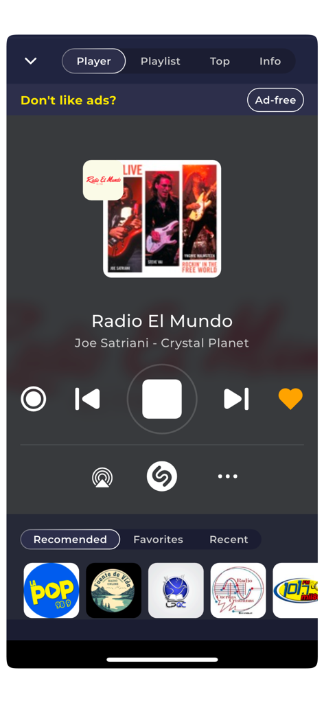 Radio El Salvador Live FM AM - Interfaz de la aplicación Radio El Salvador reproduciendo Radio El Mundo con controles de reproducción de música y recomendaciones de estaciones