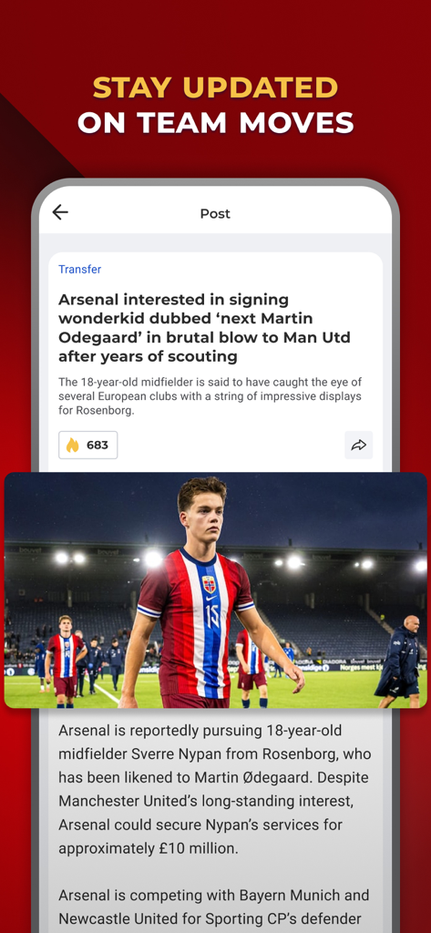 AFC Live – for Arsenal fans - AFC Live app screen displaying Arsenal transfer news and team moves.