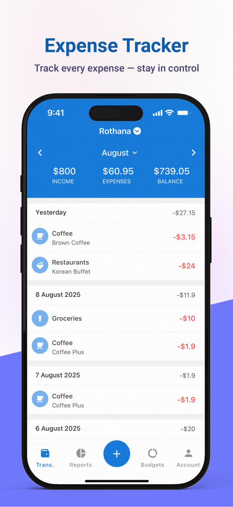 Jamnay app interface showing a list of daily expenses and a monthly financial summary with income and balance