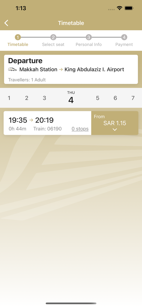HHR Train - A interface da aplicação HHR Train mostrando um horário de viagem e preço para uma viagem da Estação Makkah para o Aeroporto King Abdulaziz.