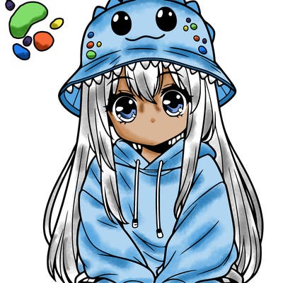 girl with anime shaped eyes with a dinosaur bucket hat oversized sweatshirt long straight hair