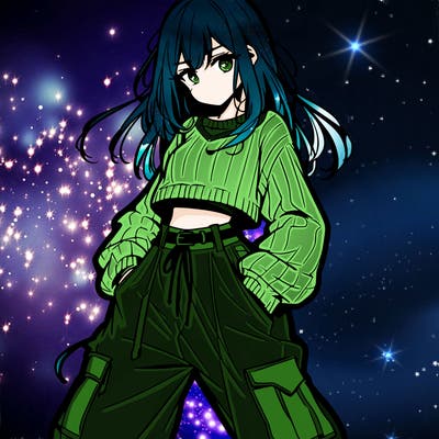 anime teen girl with baggy pants and crop top with sweater