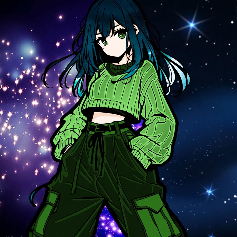 anime teen girl with baggy pants and crop top with sweater