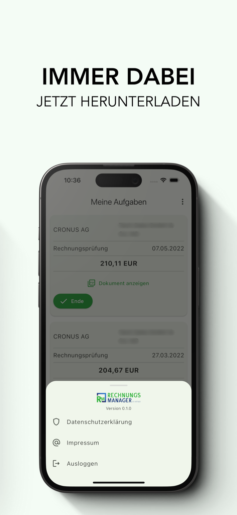 RechnungsManager - Screenshot der RechnungsManager-App auf einem Smartphone mit einer Aufgabenliste für Rechnungsfreigaben und einem überlagerten Einstellungsmenü.