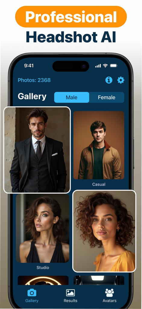 AI Professional Headshot Photo - Interfaz de la aplicación Foto Profesional de Retrato con IA mostrando una galería de retratos generados por IA de alta calidad en estilos de estudio y casuales
