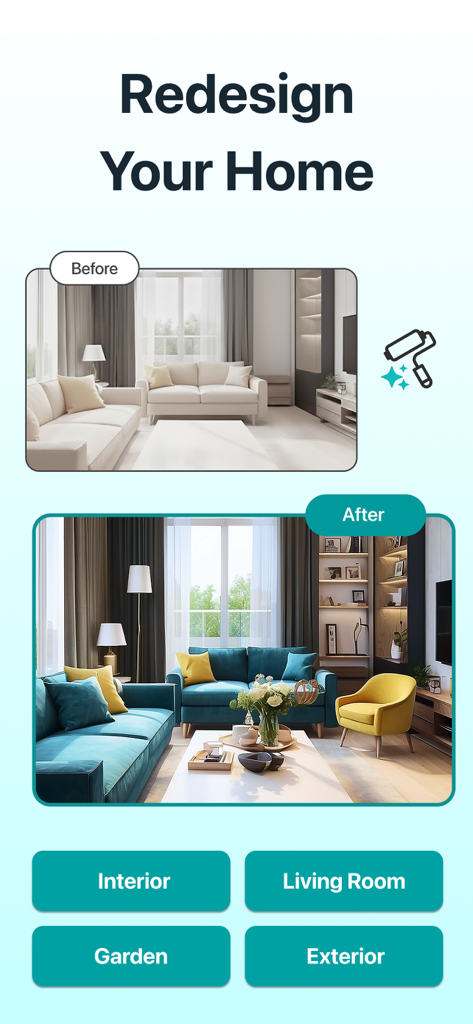 AI Home & Room Interior Design - KI-Innenarchitektur-App zeigt ein Vorher-Nachher-Wohnzimmer-Makeover