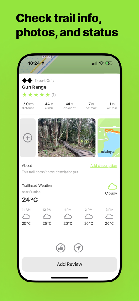 Bike Tracker: MTB Trails - 산악 자전거 트레일 통계, 사진 및 날씨 예보를 보여주는 바이크 트래커 앱 인터페이스
