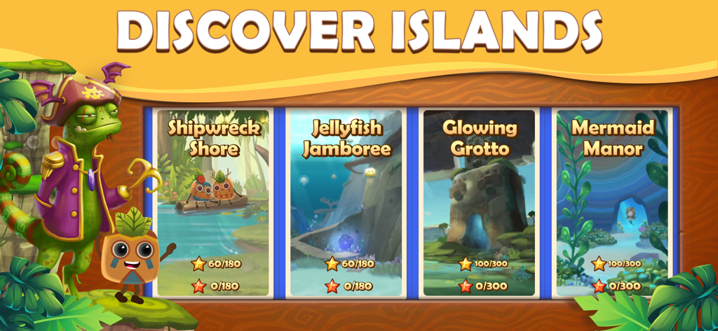 Tiki Solitaire TriPeaks - Discover islands screen in Tiki Solitaire TriPeaks showing tropical themed levels and progression.