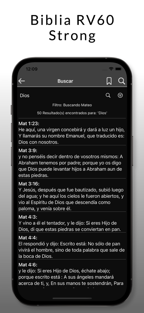 Bible RV60 Strong - Pantalla de resultados de búsqueda en la aplicación Biblia RV60 Strong que muestra versículos de Mateo para la palabra Dios.