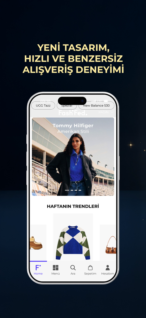 FashFed – Online Alışveriş - Startbildschirm der FashFed Mobile App mit Modetrends und Premium-Marken