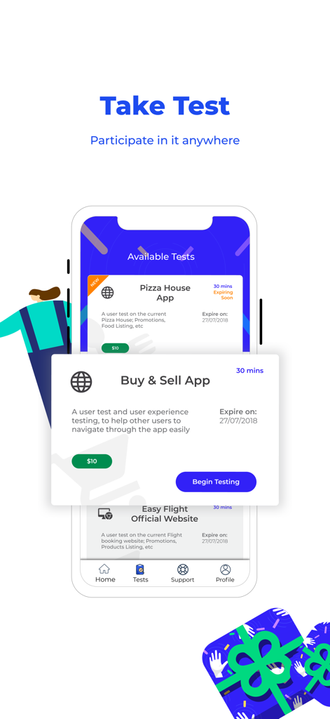 UserAdvocate app interface showing available usability tests for websites and apps with a ten dollar reward
