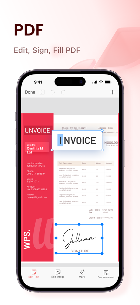 iPhone에서 WPS Office 앱 인터페이스를 통해 PDF 송장에 텍스트를 편집하고 디지털 서명을 추가하는 도구를 보여줌