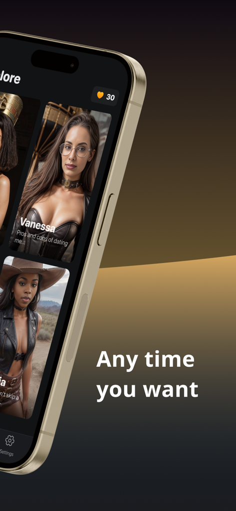 Romantic AI Girlfriend Chat - Una pantalla de aplicación móvil para Romantic AI que muestra varios perfiles de novias de IA disponibles para chatear en cualquier momento.