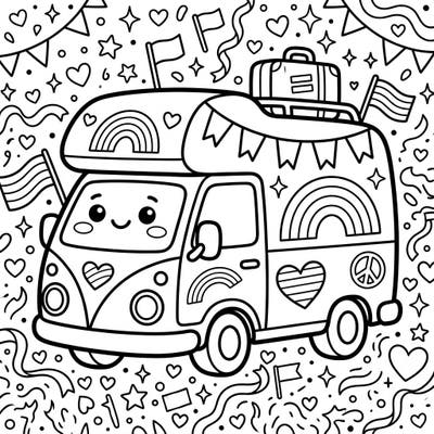 Embark on a delightful coloring adventure with our Kawaii Pride Van, bursting with adorable details and symbols of love. This charming vehicle is ready to be filled with the vibrant colors of celebration and diversity.