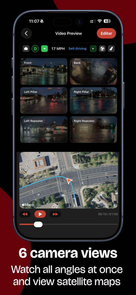 TesCam Studio - TesCam Studio app interface with six synchronized Tesla camera views and an interactive satellite map.