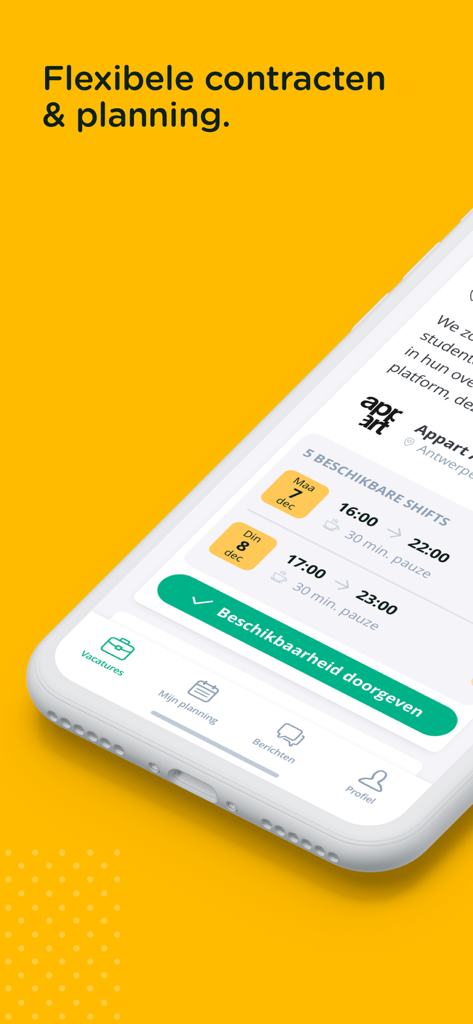 VIVA+ - Smartphone screen showing VIVA plus app with flexible work shifts and scheduling options