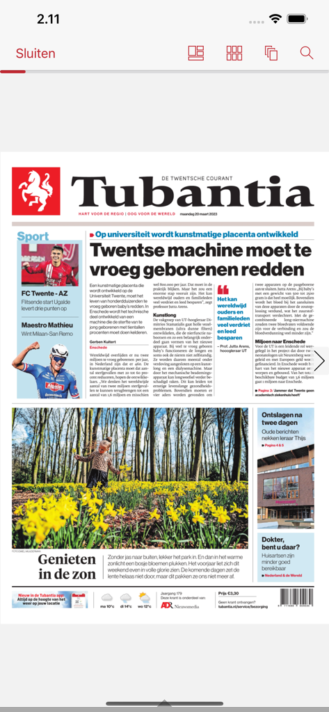 Réplica digital de la portada del periódico Tubantia que muestra noticias y deportes regionales holandeses.